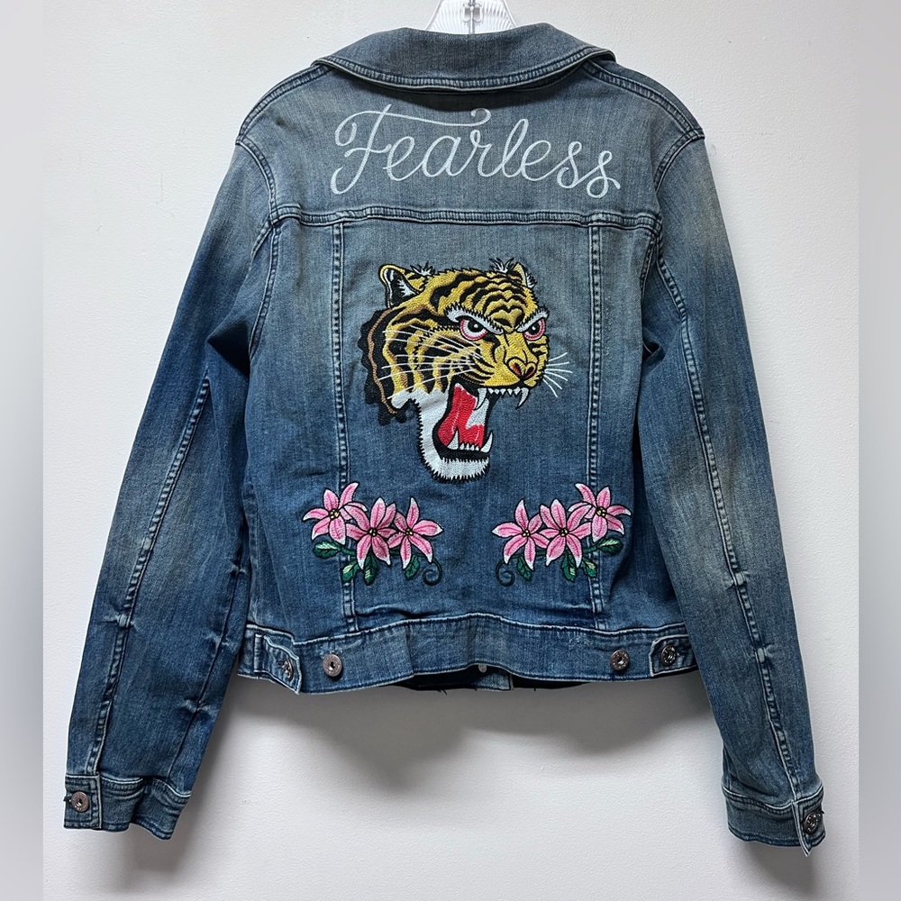 torrid Light Blue Denim Jacket with Pink Floral Embroidery